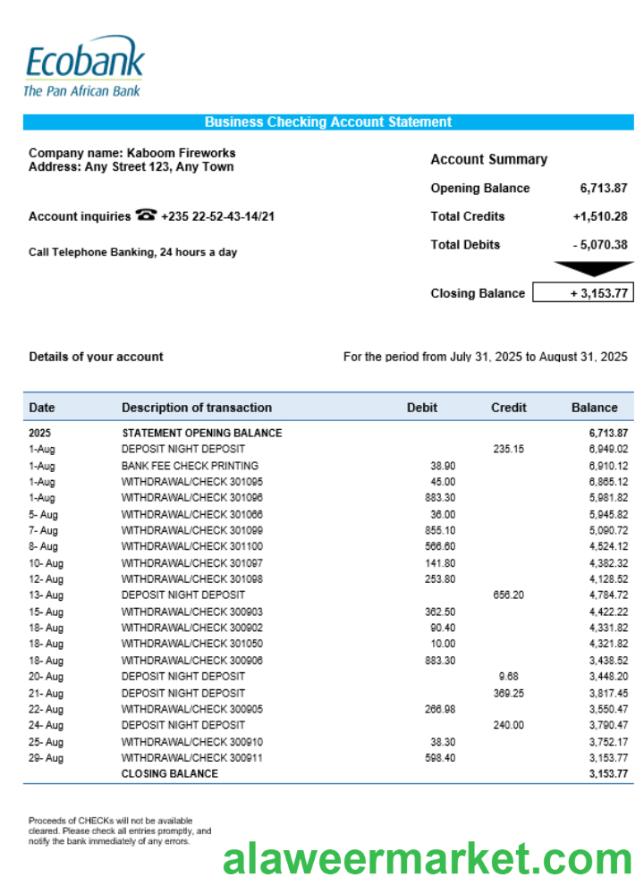 Chad Ecobank organization checking account statement Word and PDF template